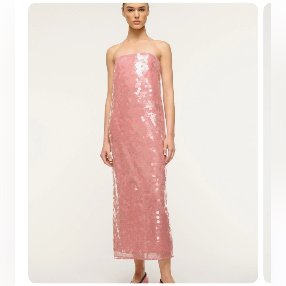 STAUD Casey Dress Pink Sequin Midi